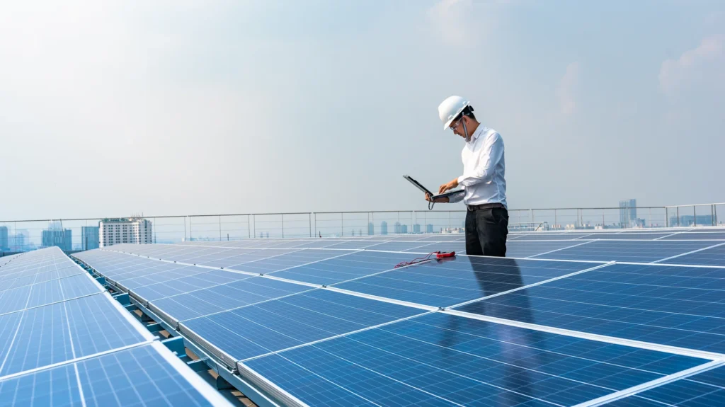 Techniker auf einem Dach prüft die Installation einer PV-Anlage.